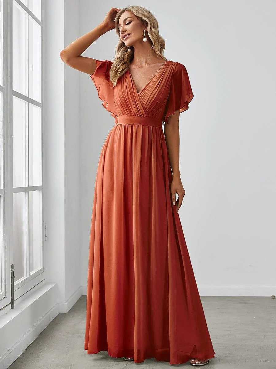 Burnt orange Ever Pretty bridesmaid dresses in chiffon and tulle, showing drape and colour depth